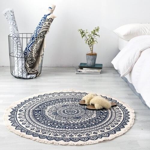 Round Carpet Weave Cotton Linen Bohemia Ethnic Tassel Rugs Black Mandala Carpet for Living Room Mat Classic Morocco Carpets