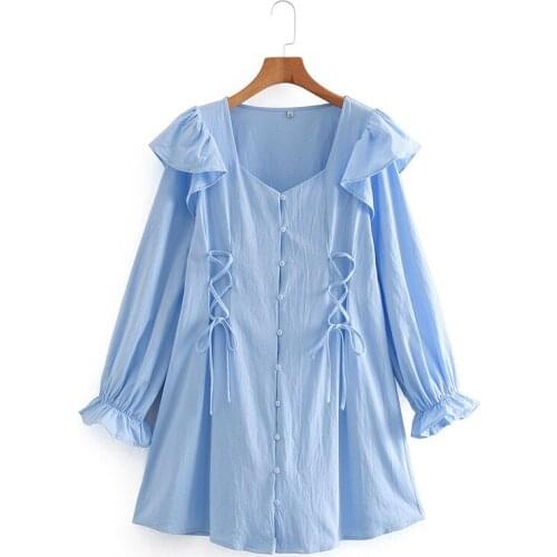 The latest design ladies ruffled lace-up dress beautiful girl sky blue youth straight dress