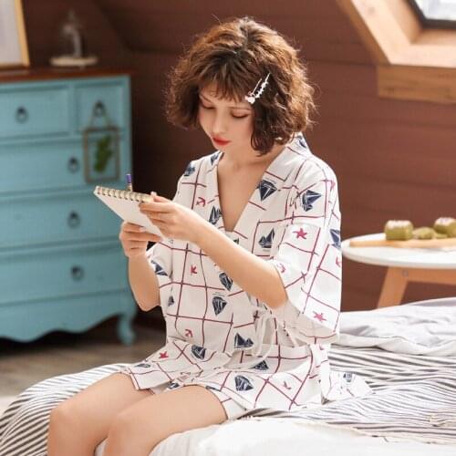 Women 2019 new cotton Korean ladies half sleeve pajamas sweet Japanese kimono lace cardigan two piece pajama sets pajama set