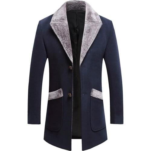 Large Size M-5XL Autumn Winter Mens Korean Woolen Blend Coats Slim Mid-Length Fur Collar Windbreaker Outwear Overcoat Jackets