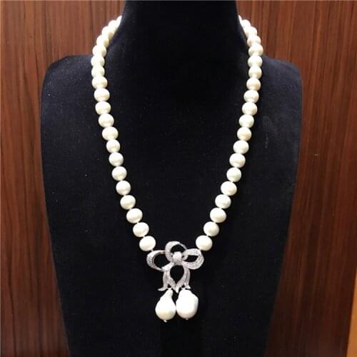 Design 9-10mm white natural freshwater pearl necklace baroque pendant micro inlay zircon accessories fashion jewelry