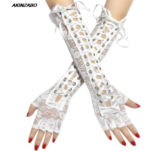 Sexy Ladies Lace Tie Long Gloves Ribbon Rivet Elbow Length Half Finger Mittens Fingerless Fishnet Mesh Etiquette Party Gloves