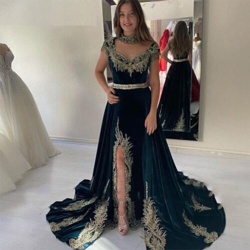 Sexy Side Split Moroccan Kaftan Evening Dresses Muslim Short Sleeves Embroidery Beaded Islamic Arabic Special Occasion Gowns