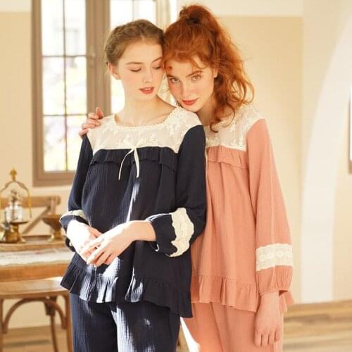 Pajama Lady Spring Autumn Cotton Lady Long Sleeve Royal Cotton Lace Bowknot Lounge Intimate Lingerie Casual Sleep Set 2Pcs Пижам
