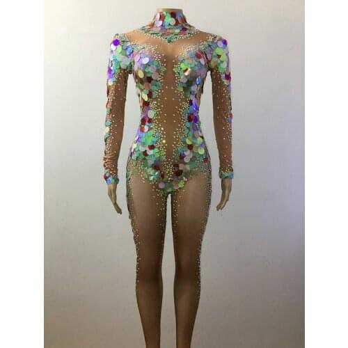 Multicolor Big Sequins Mermaid Bodysuit Nightclub Dress Sexy Leggings Jumpsuit Party Costume Stage Rhinestones Nude Rompers
