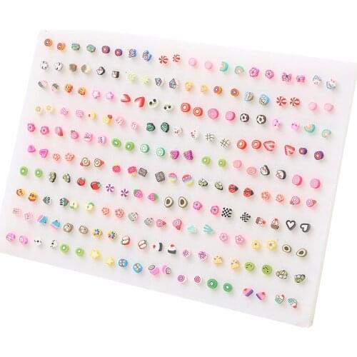 100pcs/Set Mix Style Soft Clay Cute Candy Colorful Cartoon Animals Flower Heart Plastic Pin Stud Earings Sets Piercing Brincos