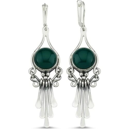 Silverlina Silver Green Agate Gemstone Dangle Hand Handwork Earrings