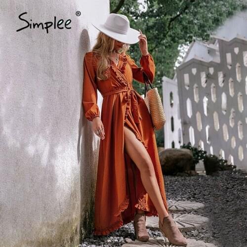 Simplee Bohemian v-neck lantern sleeves A-line women dress Holiday ruffled split sash wrap dresses Solid beach long vestido 2021