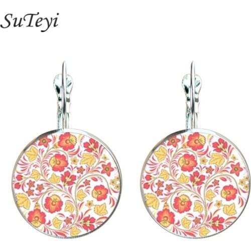 SUTEYI Mandala Glass Cabochon Earrings OM Symbol Buddhist Vintage Earring Datura Womens India Jewelry Handmade Ear Nail Gift