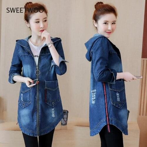 S-5Xl 2021 Autumn New Fashion Vintage Ripped Oversized Jeans Jacket Coat Female Hooded Long Denim Jackets for Women