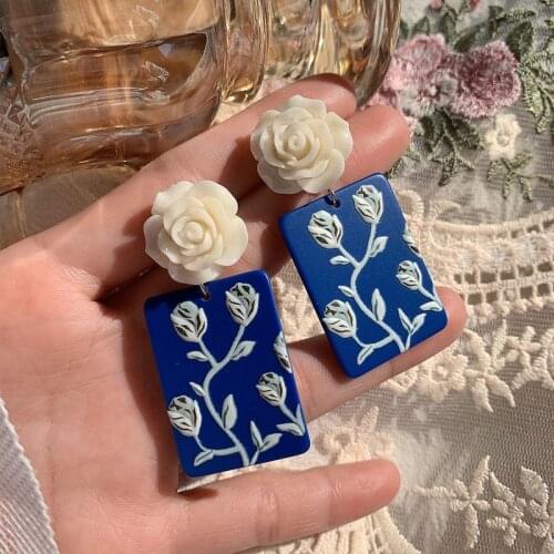 AENSOA Acrylic Rose Square Flowers Drop Earrings for Women Geometric Flora Graffiti Dangle Long Earring Pendant Jewelry Gift