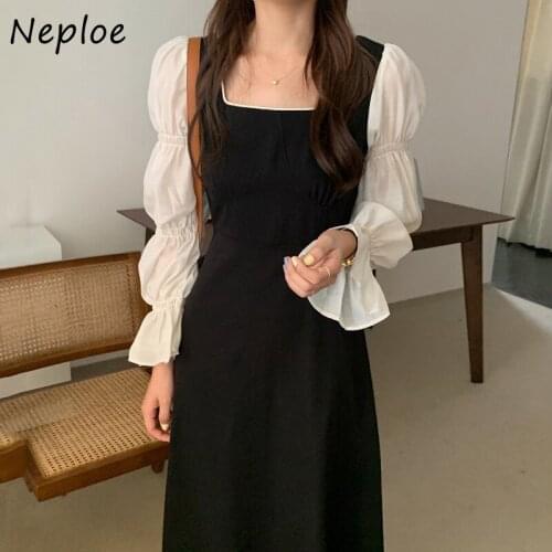 Vintage Palace Style Square Collar Ladies Vestidos 2021 New Ruffle Puff Sleeve Patchwork Dress Women Contrast Color Robe