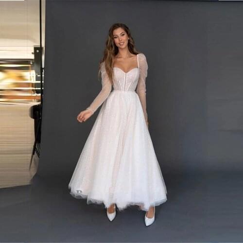 Elegant Wedding Dresses Tulle Appliques Sweetheart Full Sleeve Zipper A-Line Bridal Gowns Novia Do 2021 New Party