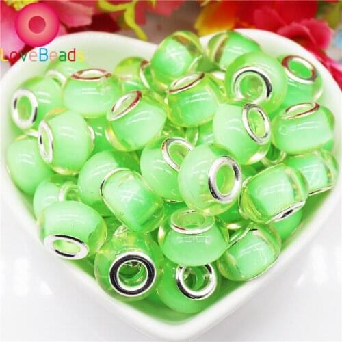 10pcs Clear Cute Color Green Pink Red Blue Big Hole Silver Plated Charms Murano Spacer fit Pandora Bracelet Necklace DIY Jewelry