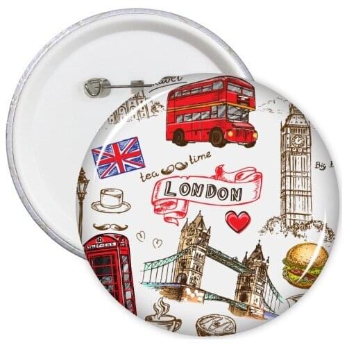 5pcs Love Heart Tower Bus Car UK Hamburger England Landmark Flag Mark Illustration Pattern Round Pin Badge Button