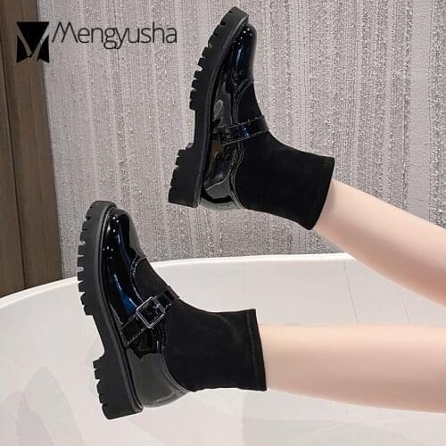 Flock Sock boots women matte&patent leather platform shoes winter plush mid-calf booties buckle belt stretch riding botas femme