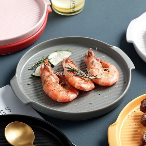 Nordic style ceramic tableware round binaural baking tray color glaze creative household baking pizza baked rice