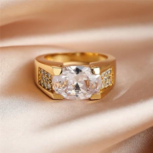 Gorgeous Male Female White Crystal Stone Ring Yellow Gold Wedding Rings For Women Men Luxury Bride Oval Zircon Engagement Ring