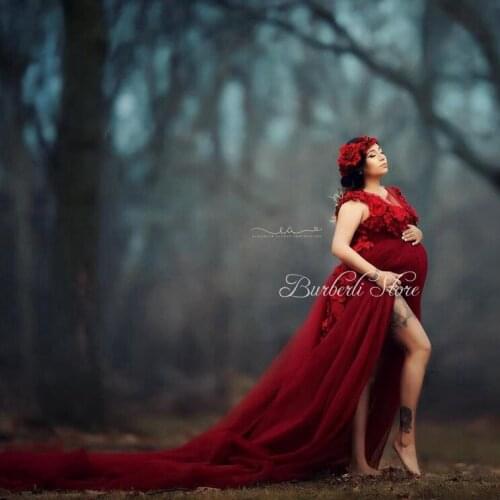 2021 Pretty Burgundy Tulle Ruffles A-line Pregnant Women Dress With Long Train Open Front 3D Flower Maternity Robes Custom Made