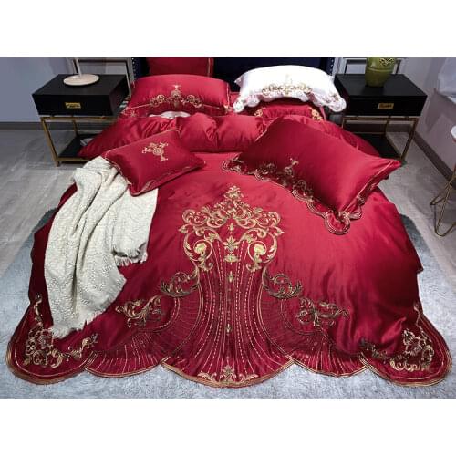 Red Washed Silk Cotton Golden Embroidery Princess Lace Satin Bedding Set Duvet Cover Bedspread Sheet Bed Skirt Pillowcases