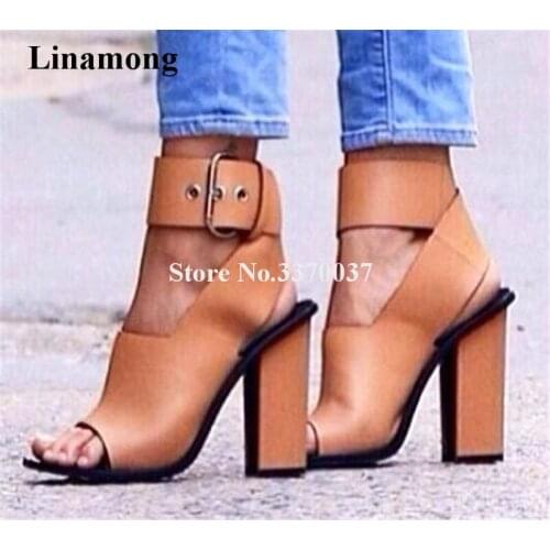 Hot Selling Women Fashion Open Toe Big Buckle Design Thick Heel Sandals Ankle Strap Cross High Heel Sandals Dress Shoes