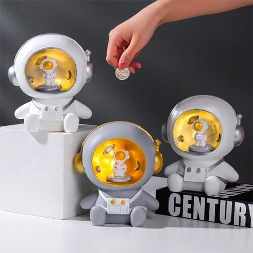 85LA Cute Cartoon Astronaut Night Light Decoration Figurine with Piggy Bank Function Space Themed Desktop Ornament for Kids Home