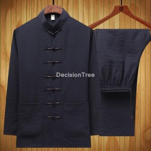 2021 chinese style men cotton shirt&pants tai tang suit mandarin collar traditional kung fu set male casual wu shu clothes