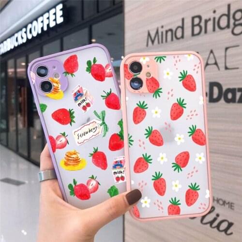 For Iphone 12 Pro Max Soft TPU Clear Pink Strawberry Pattern Phone Case Cover for IPhone 7 8 Plus 6s SE2 X Xs 11 Pro Max XR Case