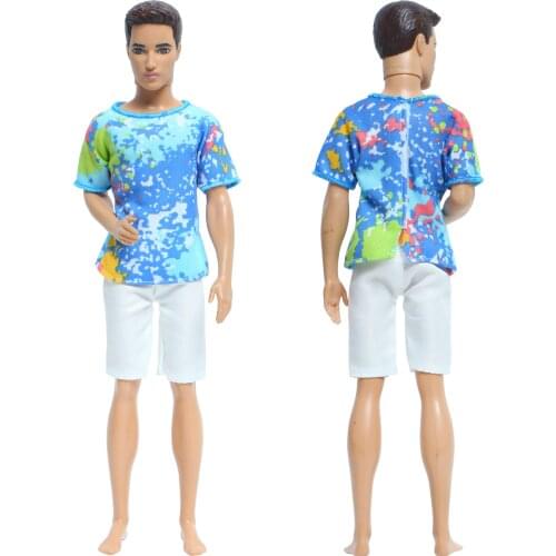 One Set Fashion Blue Outfit Colourful Shirt White Short Pants Summer Daily Wear Clothes for Ken Doll Accessories Baby Kids Toys