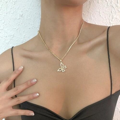 Kpop Collar Crystal Chain Harajuku Aesthetic Crystal Beads Women Girl Short Necklaces Temperament Butterfly Charm Choker Jewelry