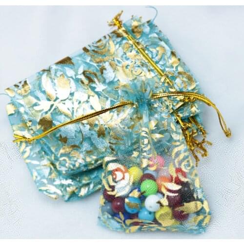 100pcs 13x18cm Rose Flower Organza gift bags Lake Blue Color Drawable Organza Bags Wedding Christmas Gift Bags free shipping