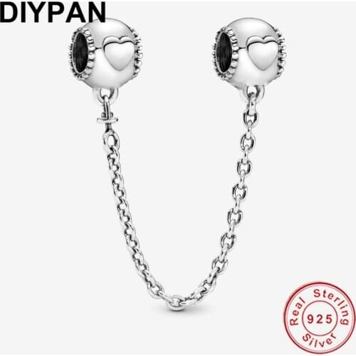 Fit Original Pandora Bracelet Charm 925 Sterling Silver Embossed Hearts Safety Chain Charm Bangle Beads Women Jewelry Berloque