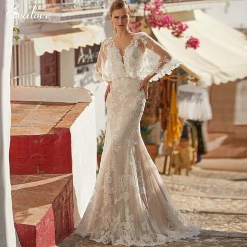 EVALOVE Luxury Appliques Court Train Mermaid Wedding Dress 2021 V-Neck Backless Trumpet Customized Bridal Gown Vestido De Noiva