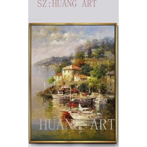 Hand-painted impressionist paintings on canvas decorated lobby sofa Italian Mediterranean Sea cottage town study children room c