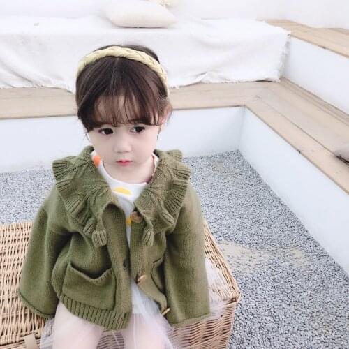 Ruffles Turn-down Collar Girls Sweater Loose Casual Kids Cardigan Autumn Winter Woolen Yarn Children Knitted Coats 12M-6T