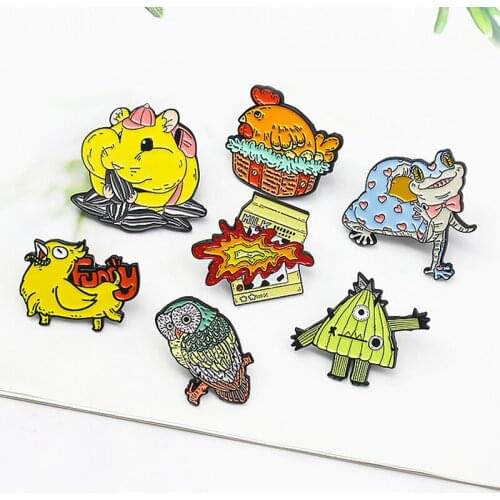 Funny Chicken Hen Rats Owl Enamel Pin Custom Mouse Lizard Cactus Milk box Brooches Animal Lapel Badges Jewelry Gift for Friends