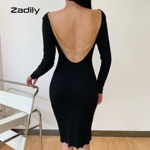 Zadily Sexy Long Sleeve Backless Mid Evening Dress For Women Chain Black Bodycon Knit Dresses 2021 Autumn Party Female Clothing