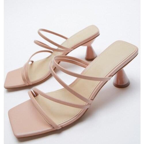 ZAR 2021 Summer New Rose Red Fashion Square Toe High Heels Sexy Outer Wear Stiletto Muller Sandals And Slippers Women Luxury