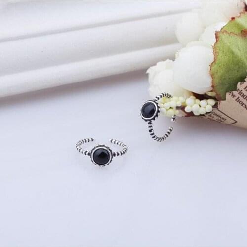 INS Vintage 925 Sterling Silver Twist Black Agate Open Rings for Women Punk Style Gothic Jewelry Gifts Female Accessories SR333