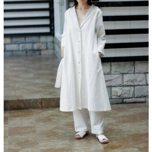 Women Autumn Thin Cotton linen Trench Coat Outwear Solid Color Loose Simple Cotton Flax Overcoat Female Retro Single Breasted