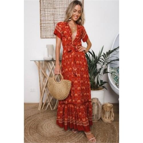 AYUALIN deep V neck short sleeve Maxi dress women vintage ruffles Red floral print rayon Bohemian dresses Ladies Boho vestidos
