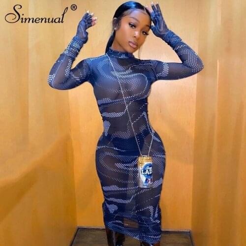 Simenual Mesh See Through Sexy Hot Maxi Dress Women Long Sleeve with Gloves Part