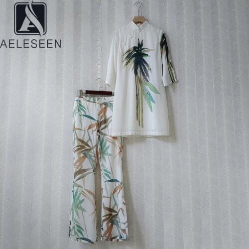 AELESEEN Runway Fashion 2 Pieces Sets 2021 Cheongsam collar White Long Blouse+ Slim Full-Lenght Pants Bamboo Print Elegant Sets