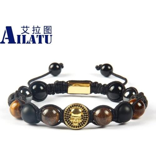 Ailatu Powerful Jewelry Wholesale 10mm Lava, Bronzite, Tiger Eye Stone beads with Black Cz Round New Skull Macrame Bracelet