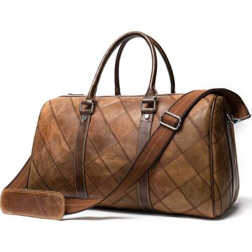 Leather mens hand travel bag head layer cowhide plaid retro mens bag shoulder duffel bag cricut tote zipper Versatile Lady