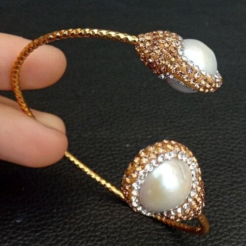 Cultured White Keshi Pearl Cz pave Gold color plated Bangle Bracelet