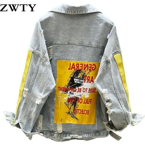 ZWTY Spring Autumn Denim Jacket Hand-painted Pattern Chic Coat Letters Print Cool Girl Jeans Jacket Fashion Korean version Outwe