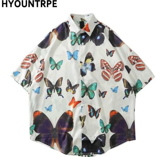 Mens Hip Hop Butterfly Printed Shirts New Casual Short Sleeve Vintage Tops Shirt Hip Hop Loose Harajuku Streetwear Men Shirts