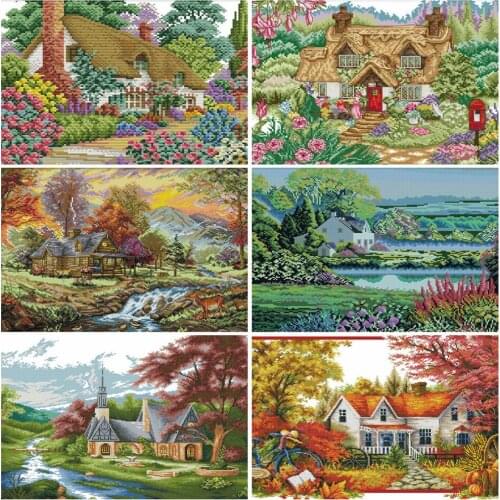 HUACAN Cross Stitch Scenery White Canvas Kits DIY Embroidery House Needlework 11CT 14CT Gift Sets Home Decoration