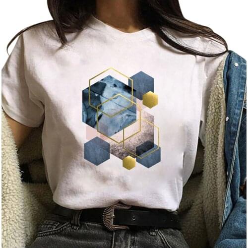 Irregular Geometry Print Funny Women T Shirt Short Sleeve White Graphic Tees Shirt Femme Woman Summer Top 90s Ladies Clothes